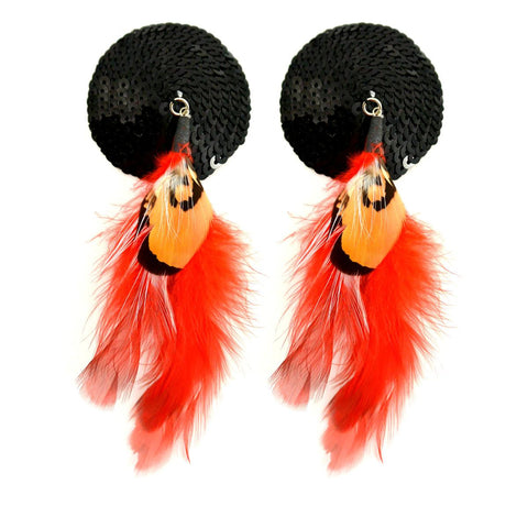 Bijoux Nipple Covers Sequin Round W-feathers Black